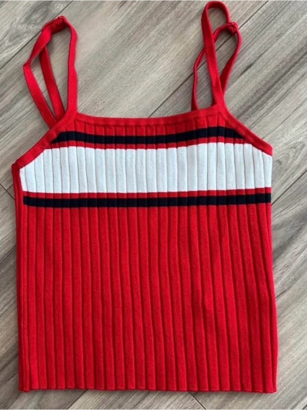 Red Ribbed Strappy Tank with White & Black Stripe